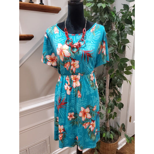Glitzy Girlz Womens Blue Floral Short Sleeves Round Neck Knee Length Dress XL