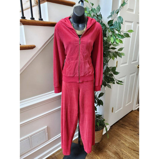 Three Hearts Women's Solid Red Cotton Full Zip Jacket & Trouser 2 Pc's Suit L