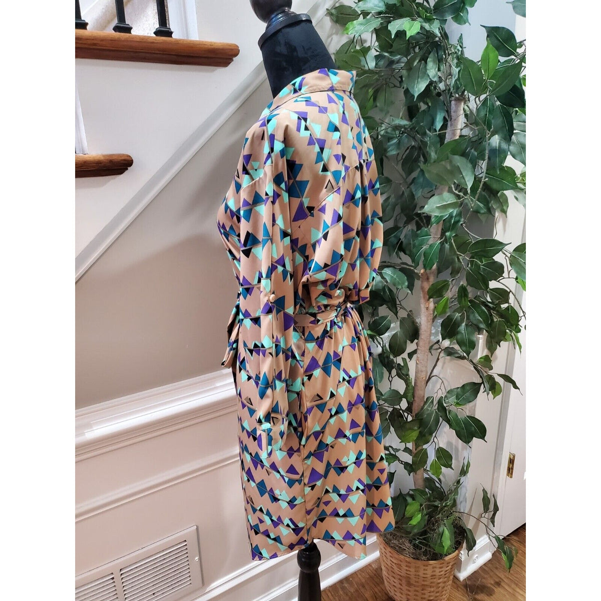 Attention Women's Multicolor Polyester Collared Long Sleeve Knee Length Dress M