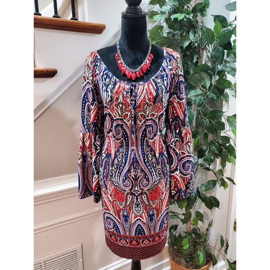 INC Women Multicolor Polyester Scoop Neck Long Sleeve Knee Length Dress Size PXL