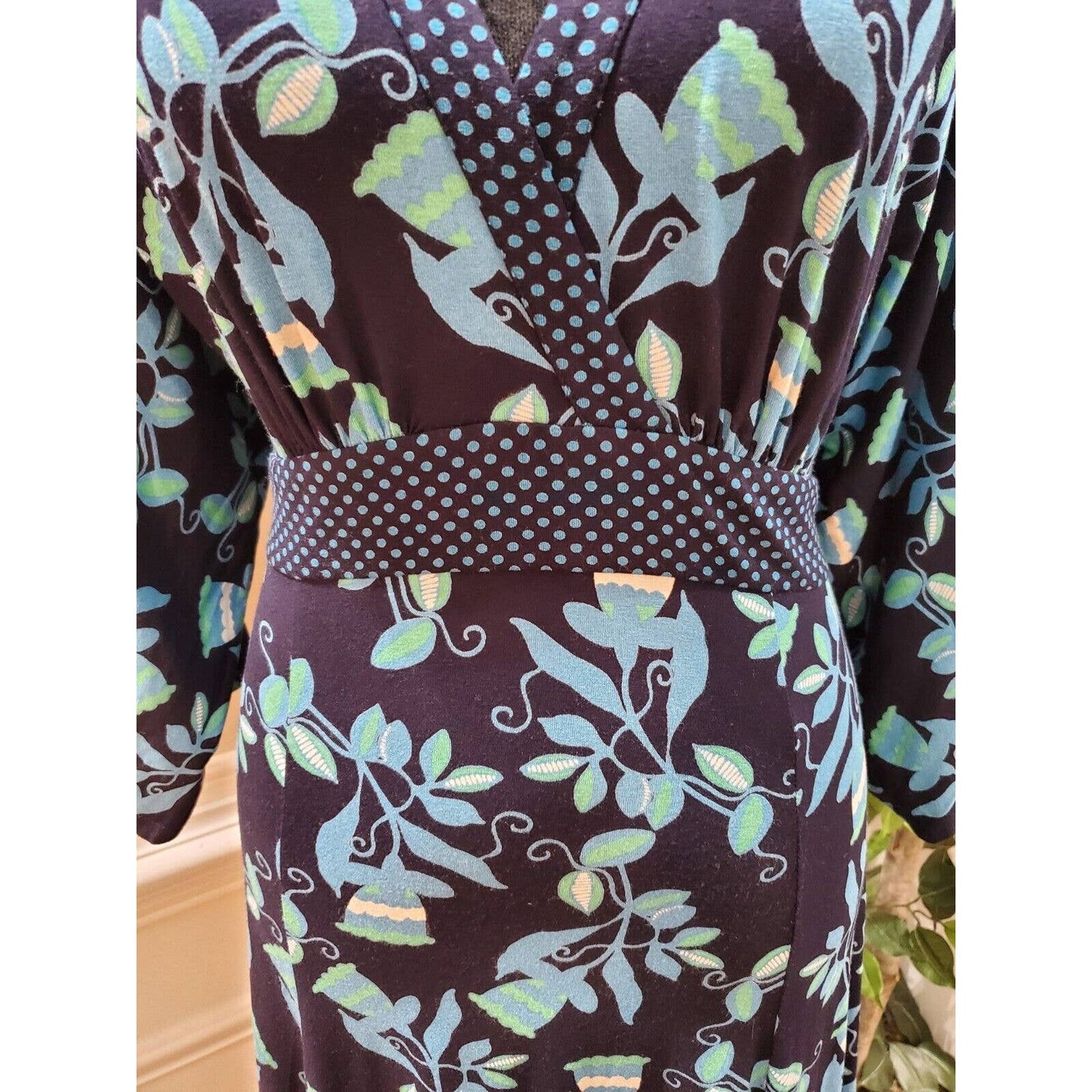 Blue Women's Floral Polyester V-Neck Casual Long Sleeves Knee Length Dress 8