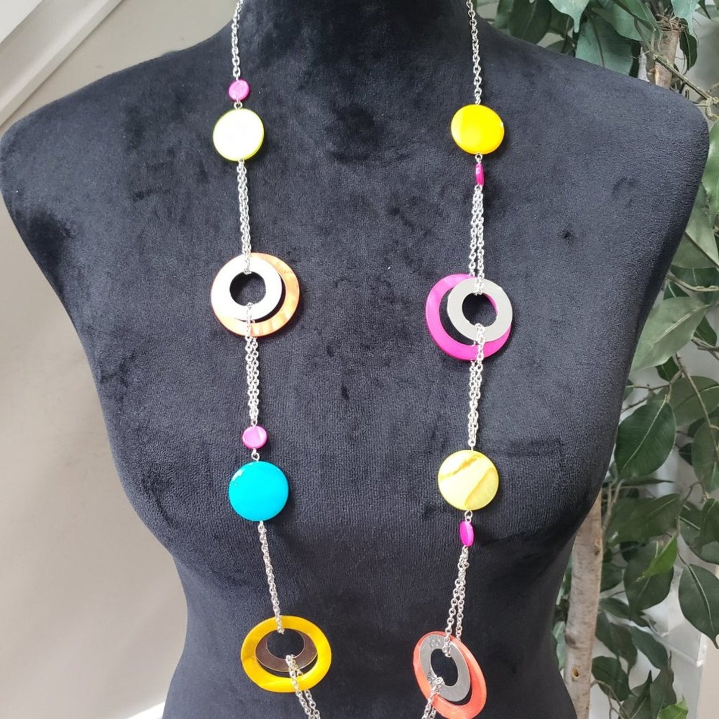 Womens Kaleidoscopically Captivating Chunky Colored Rings and Discs Necklace
