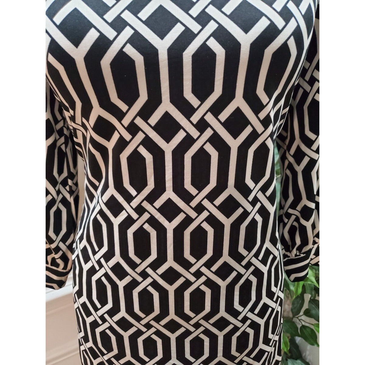 Mudpie Women Black & White Polyester Round Neck Long Sleeve Knee Length Dress S