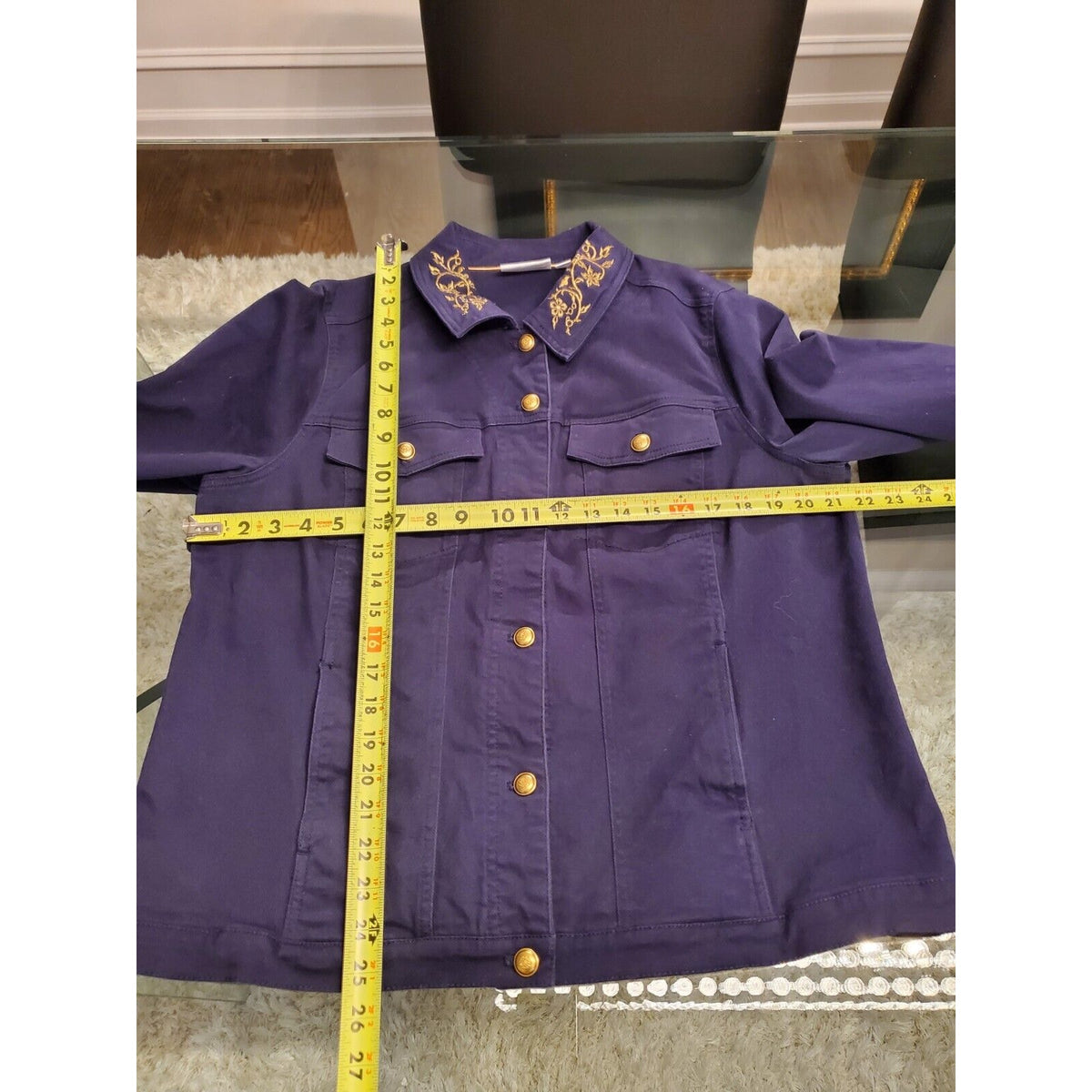 Denim & Company Women's Blue Cotton Buttons Front Long Sleeve Casual Jacket L