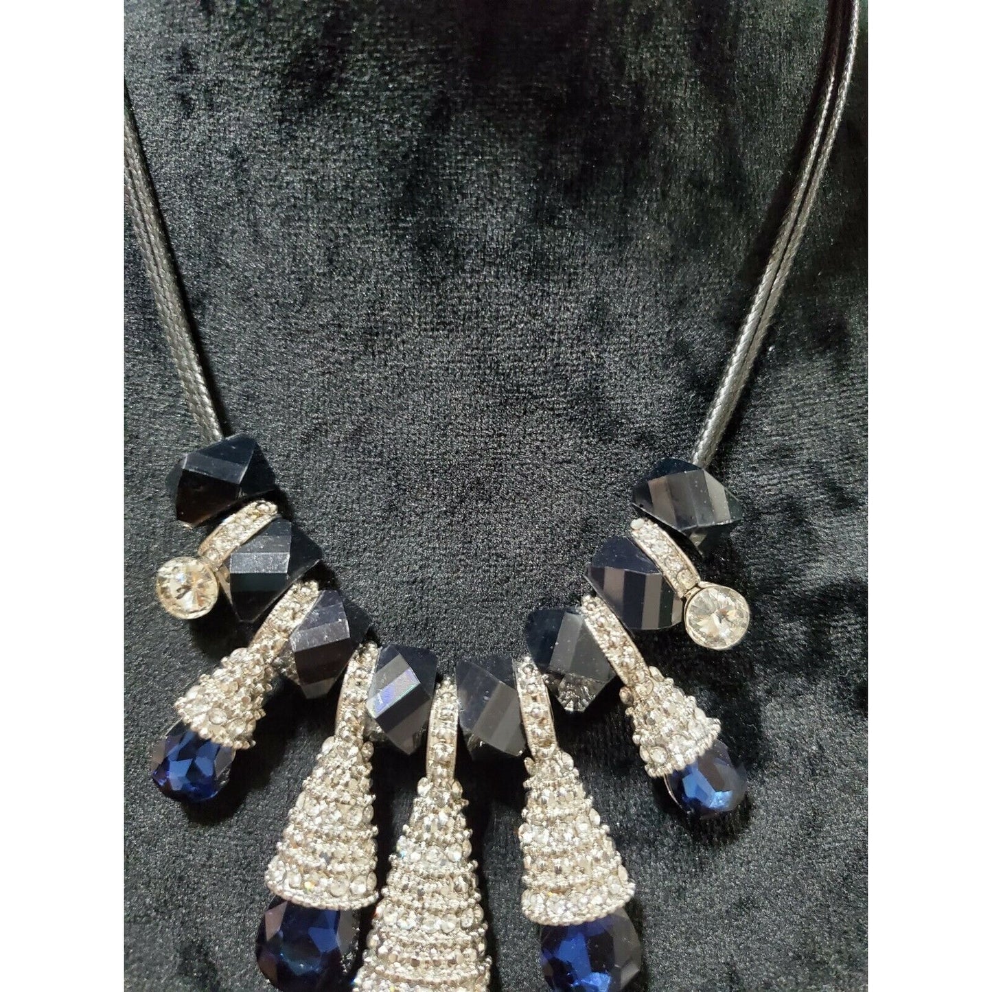 Statement Necklace w/ Sapphire Blue Crystals Black Beads & Rhinestone Accents