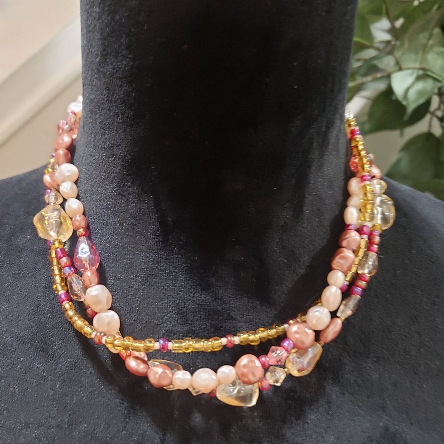 Women's Multi strand Textured Glass Bead With Crystal Stone Necklace
