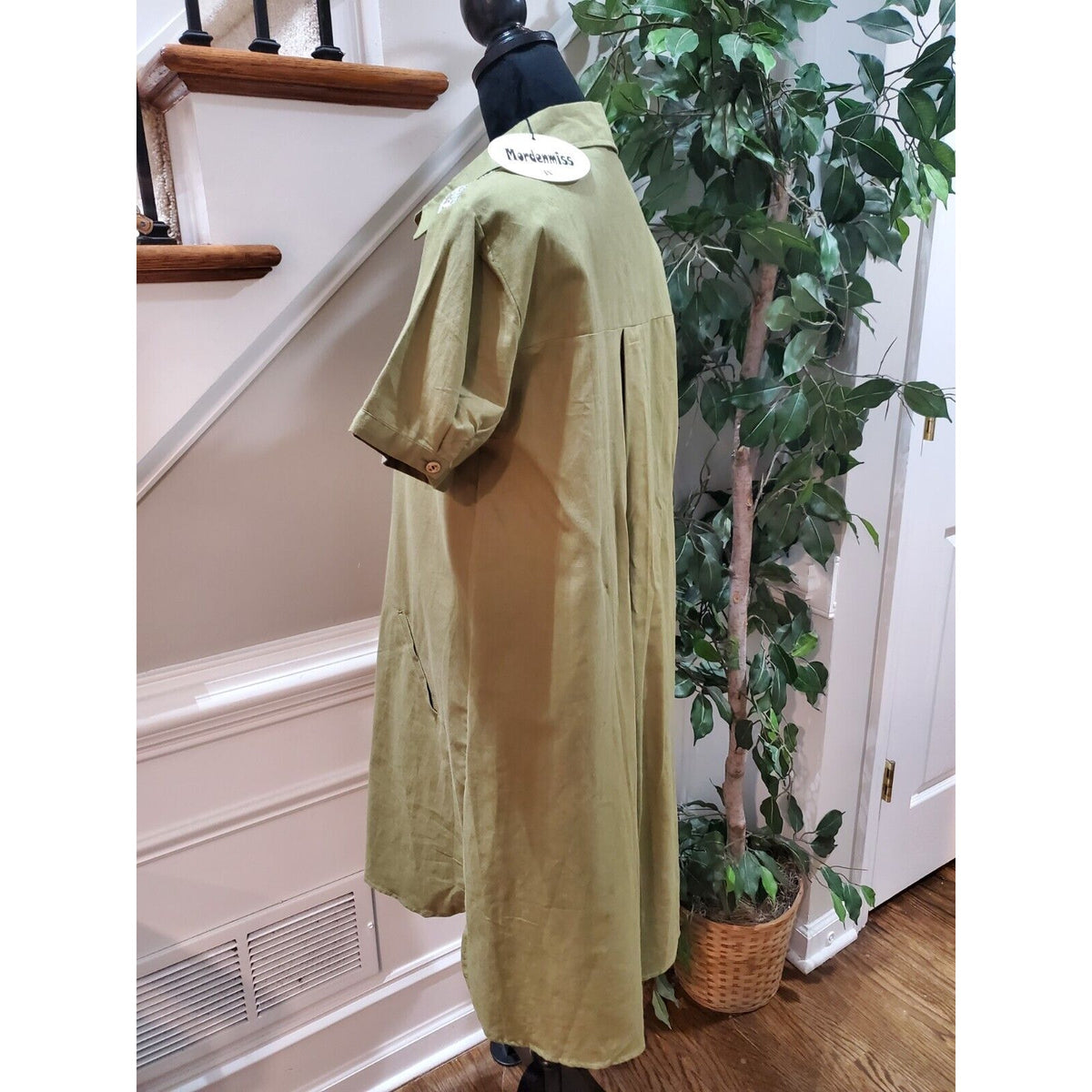 Mordenmiss Green Embroidery 100% Linen Collared Short Sleeve Shirt Dress Size M