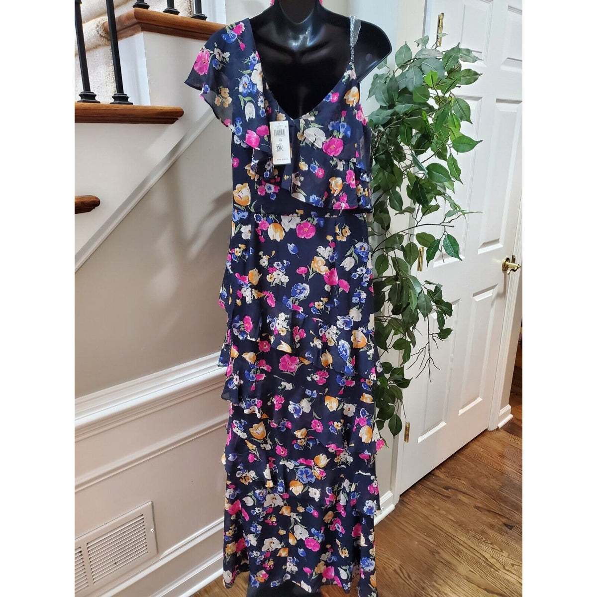 Ralph Lauren Navy Zipper Beaded Lined Darted Tiered Ruffled Floral Maxi Dress 10