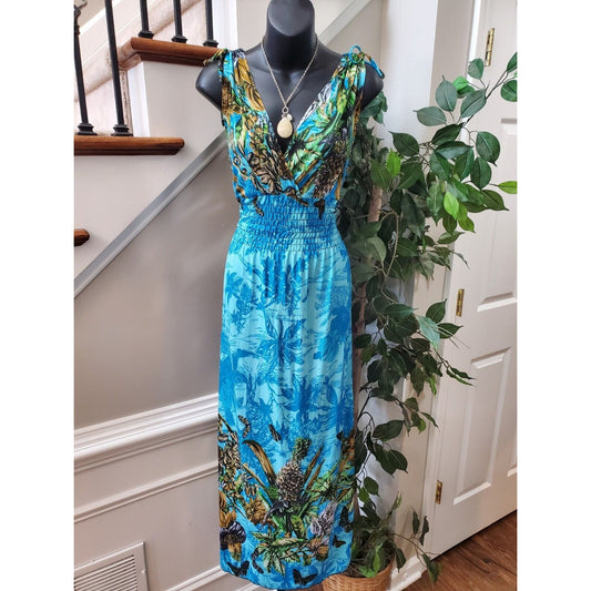 Women's Multicolor Floral V-Neck Sleeveless Pleated Casual Long Maxi Dress S