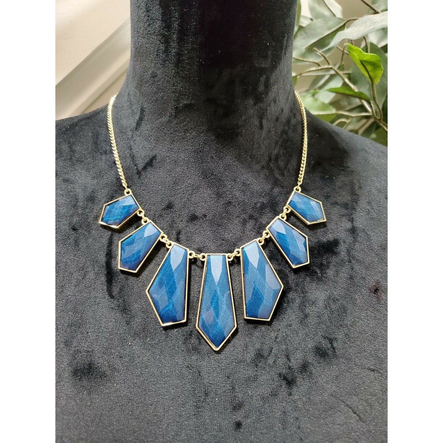 Women's Dark Blue Geometric Shape Necklace with Gold Chain Necklace