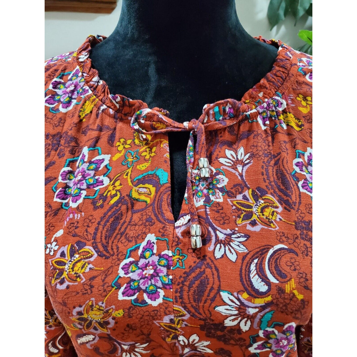 Women Brown Floral 100% Viscose Round Neck Long Sleeve Casual Top Blouse Size XL