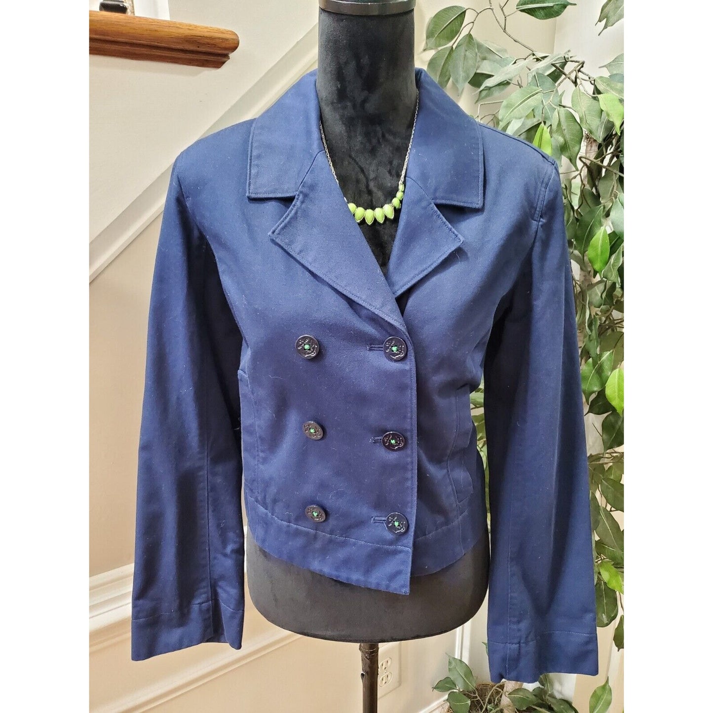Isaac Mizrahi Women's Blue Cotton Double Breasted Long Sleeve Jacket Blazer 12