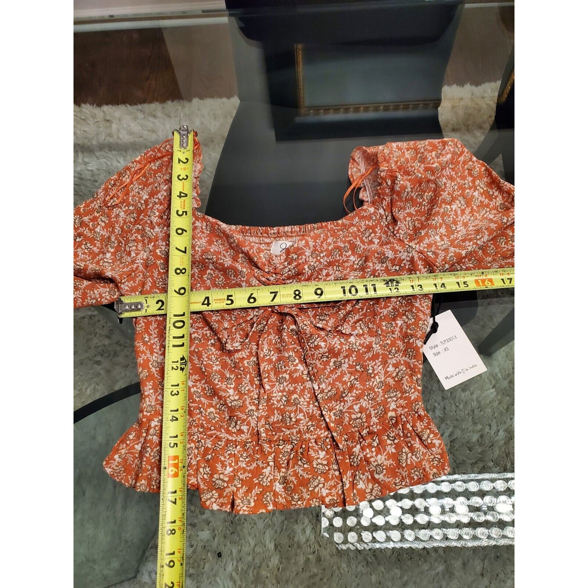 Japna Women Brown Floral 100% Viscose Sweetheart Neck Long Sleeve Top Blouse XS
