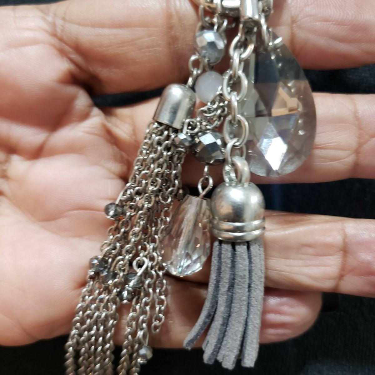 Womens Bohemian Beaded Crystal Two Strand Front Toggle Tassel Pendant Necklace