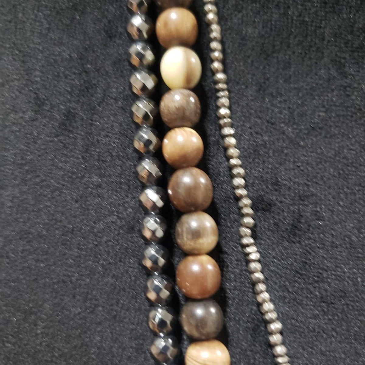 Womens Fashion Triple Strand Silver Tone Beads Brown Woooden Beads Long Necklace