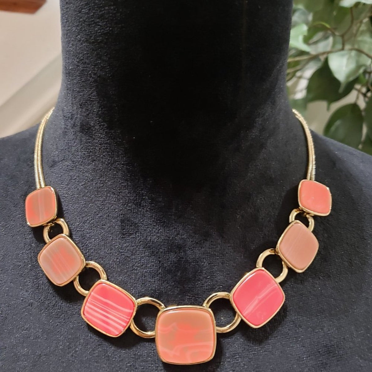 Nine West Women's Vintage Gold and Pink  Necklace with Rectangular Stones