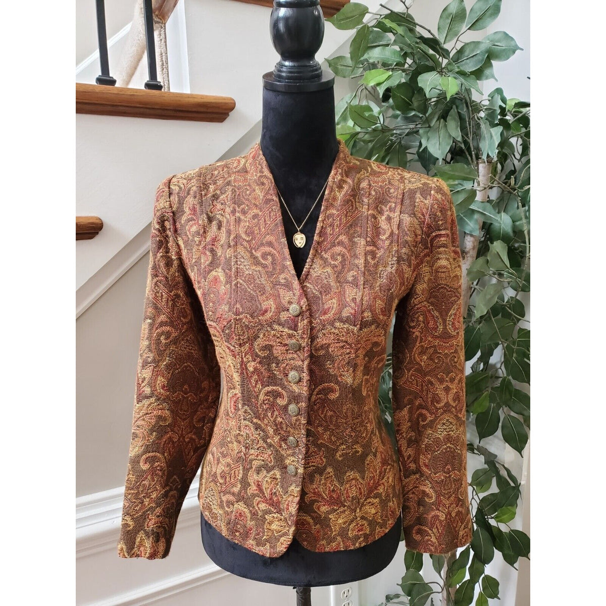 Sag Harbor Womens Brown Paisley Tapestry Button Front Jacket Blazer Size 10P