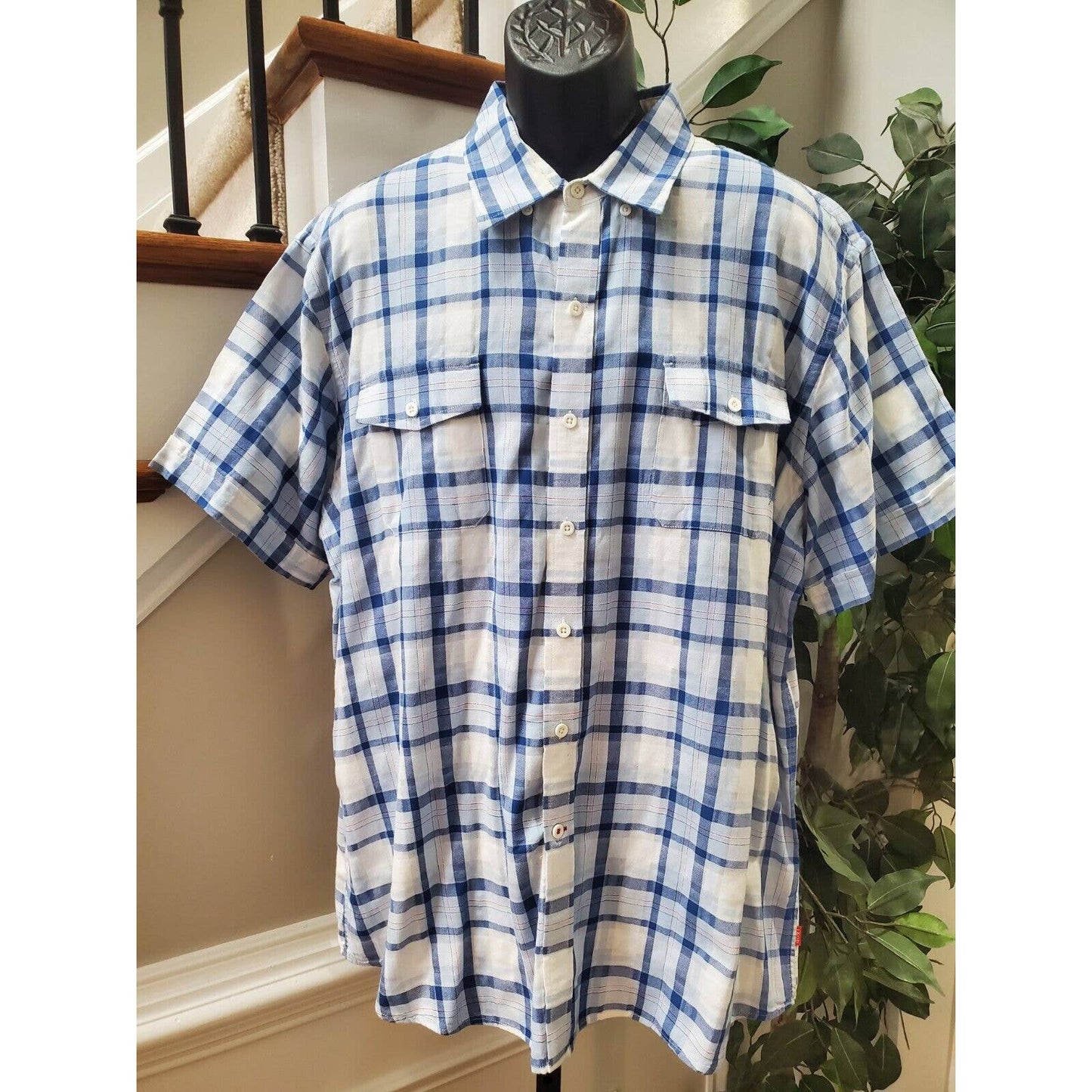 Izod Men's White & Blue Cotton Collared Half Sleeve Casual Button Down Shirt 2XL