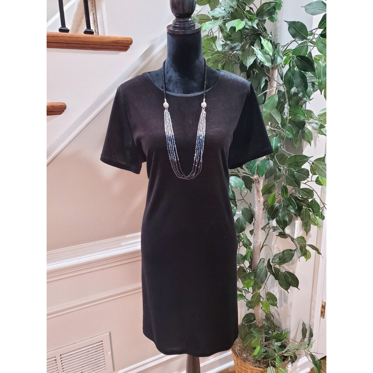 Michael Kors Velvet Black Polyester Round Neck Short Sleeve Knee Length Dress XL