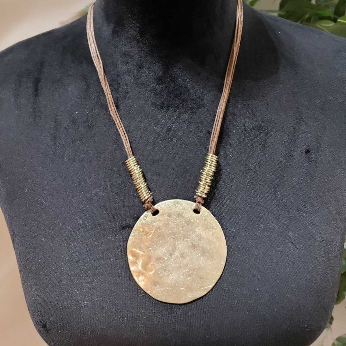 Womens Modern Chunky Gold Tone Charm Beaded Big Round Hammered Pendant Necklace