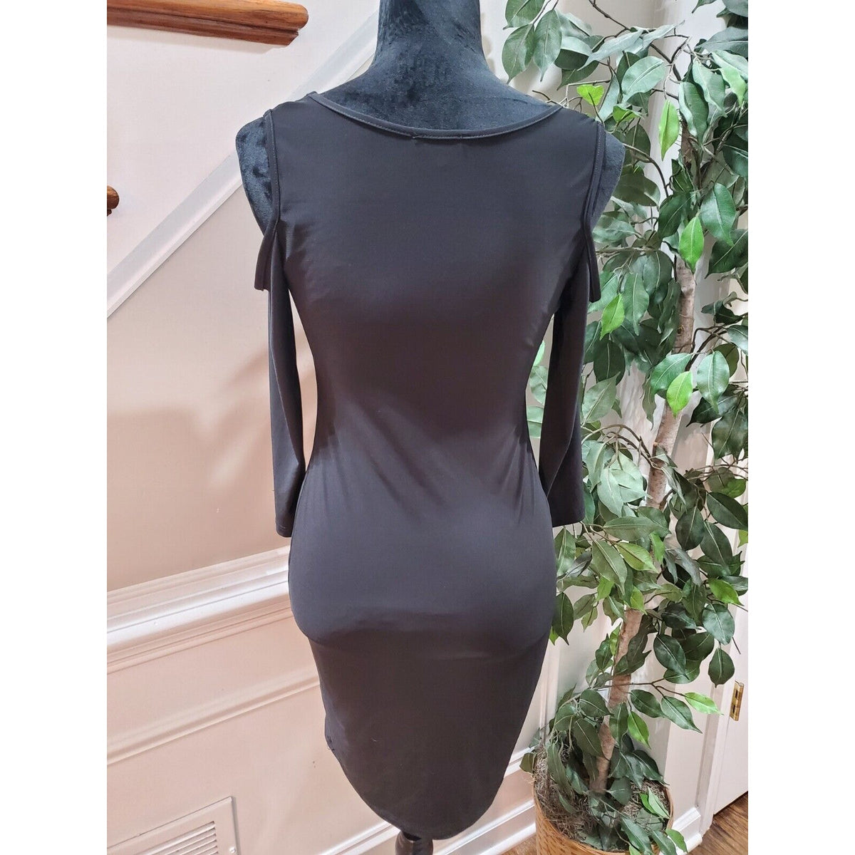 BEBE Women's Logo Blue Swarovski Black Knit Bodycon Dress Size XS