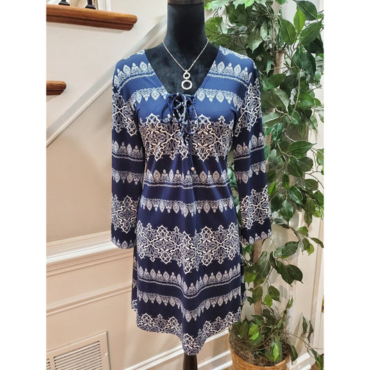 Women's Blue & White Polyester V-Neck Long Sleeve Casual Knee Length Dress M