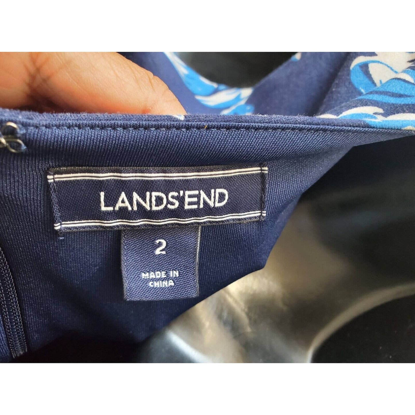 Lands' End Women Blue Floral Polyester Round Neck Sleeveless Knee Length Dress 2