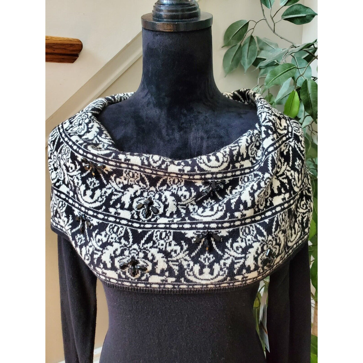 Jones New York Women Black Cotton Cowl Neck Long Sleeve Pullover Sweater Large
