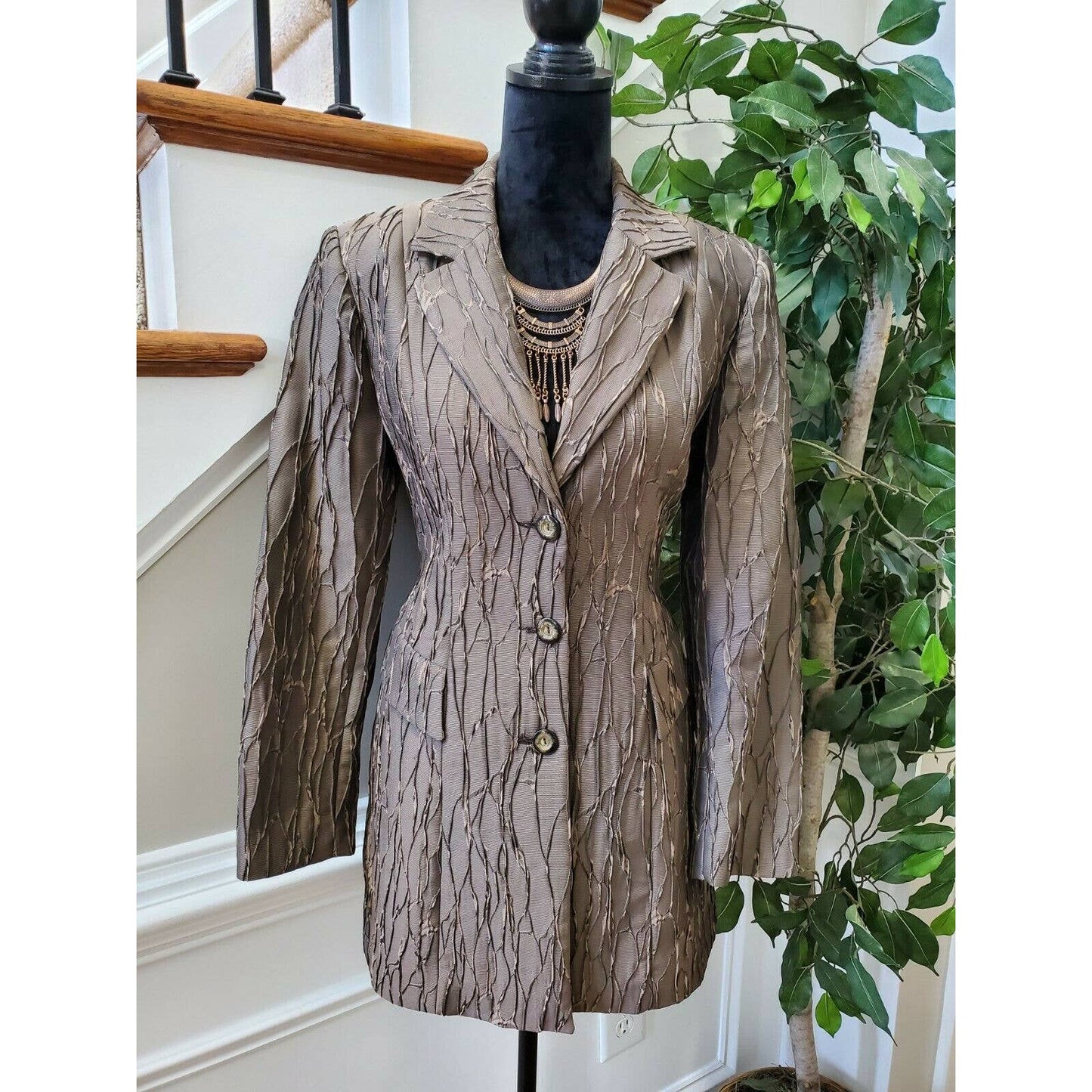 Vintage Serge Dana Brown Polyester Long Sleeve Single Breasted Fitted Blazer 40