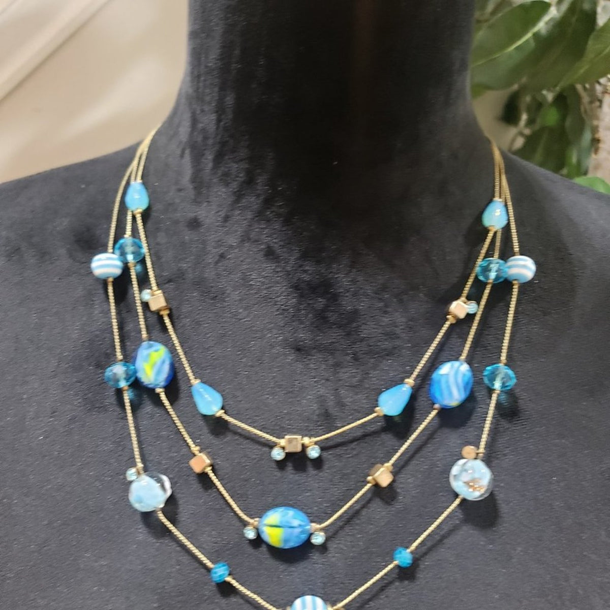 Womens Fashion Three Strands Charm Necklace Turquoise Gemstone w/ Lobster Clasp