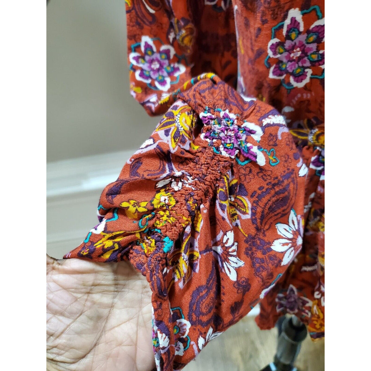 Women Brown Floral 100% Viscose Round Neck Long Sleeve Casual Top Blouse Size XL
