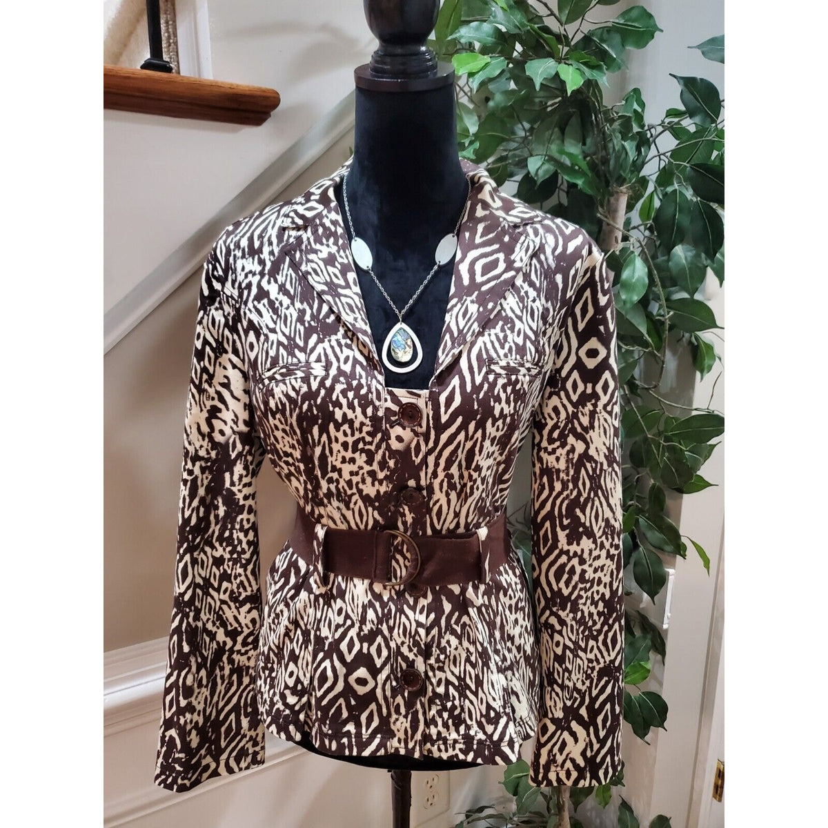 Bamboo Traders Women's Brown White Long Sleeve Belted Button Front Jacket Medium