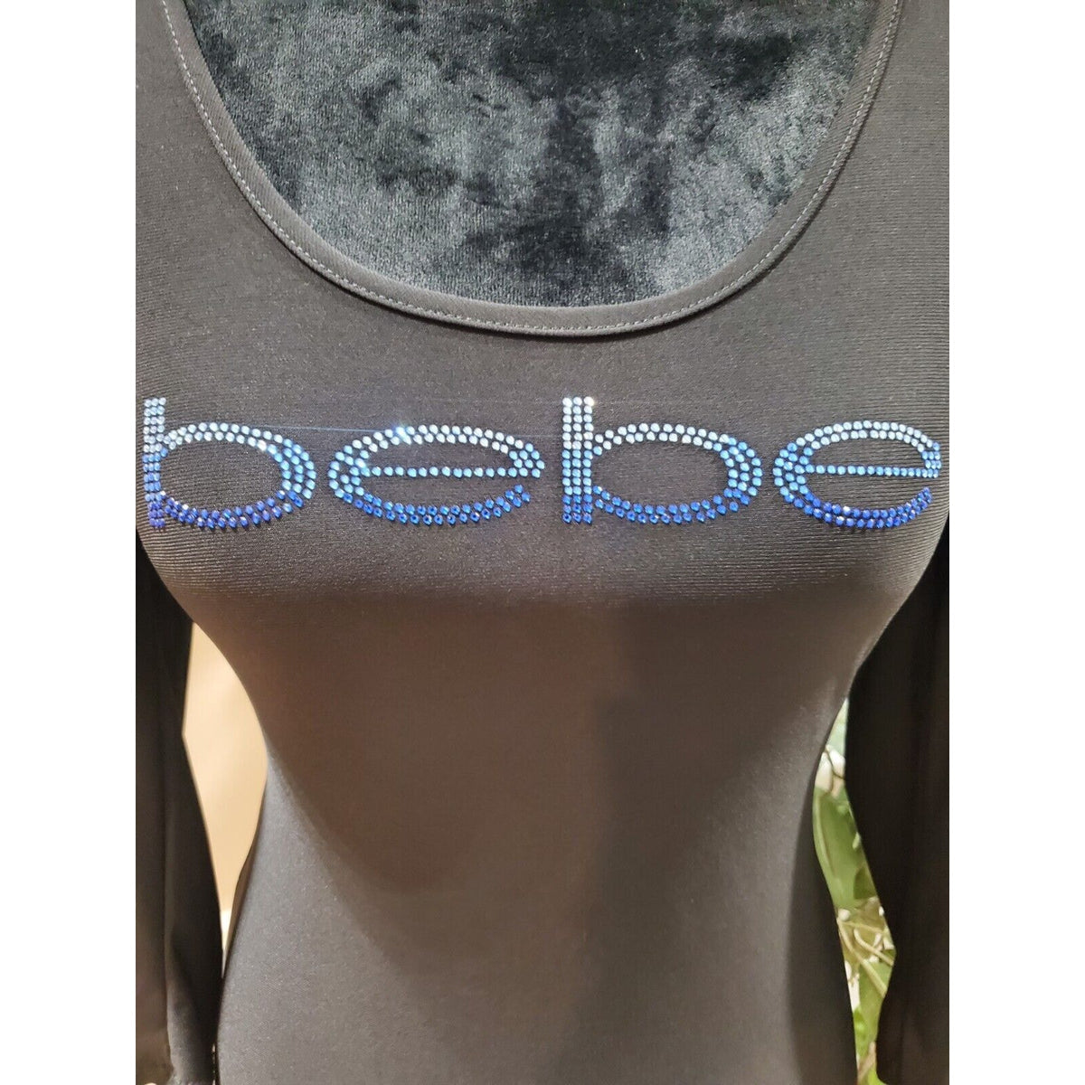BEBE Women's Logo Blue Swarovski Black Knit Bodycon Dress Size XS
