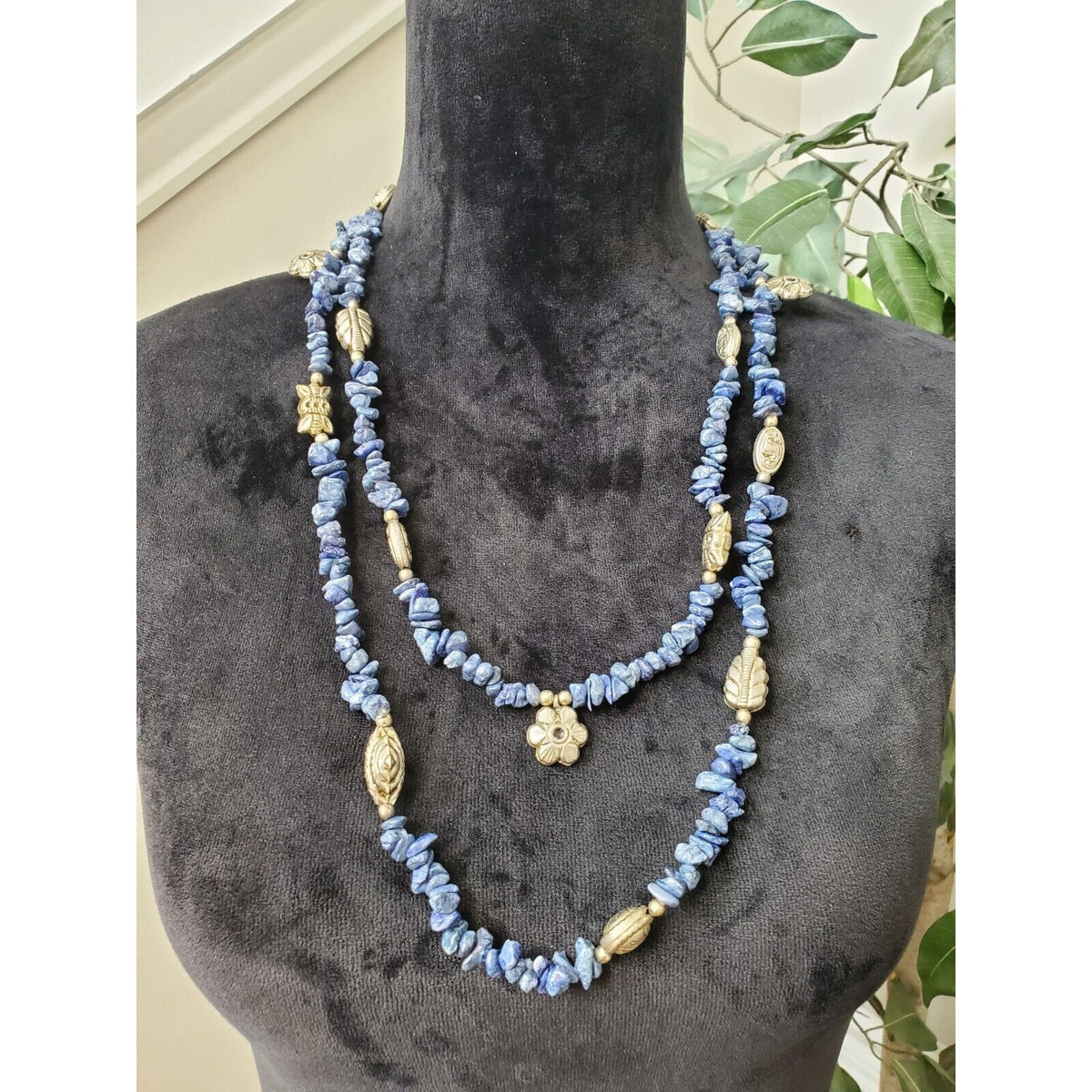 Women's Vintage Blue Stone Chips With Charms Long Fashion Jewelry Necklace