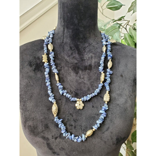 Women's Vintage Blue Stone Chips With Charms Long Fashion Jewelry Necklace