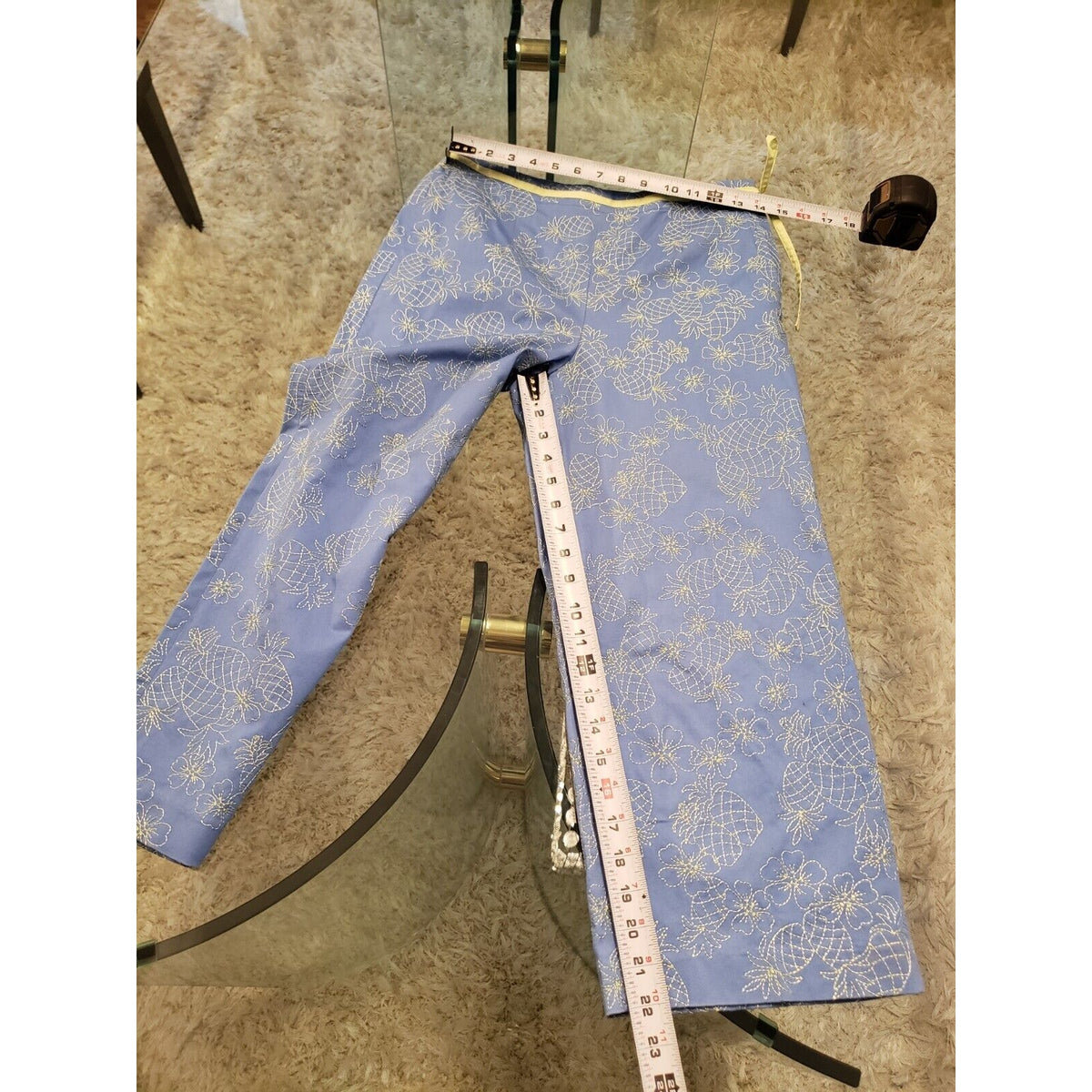 Talbots Embroidered Pineapple Flower Blue & Yellow Stretch Capri Pants Size 4