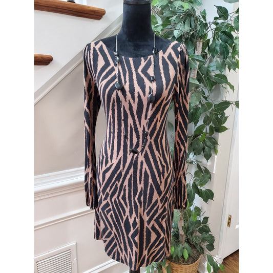 Tart Womens Black Brown Rayon Round Neck Long Sleeve Knee Length Dress Size S