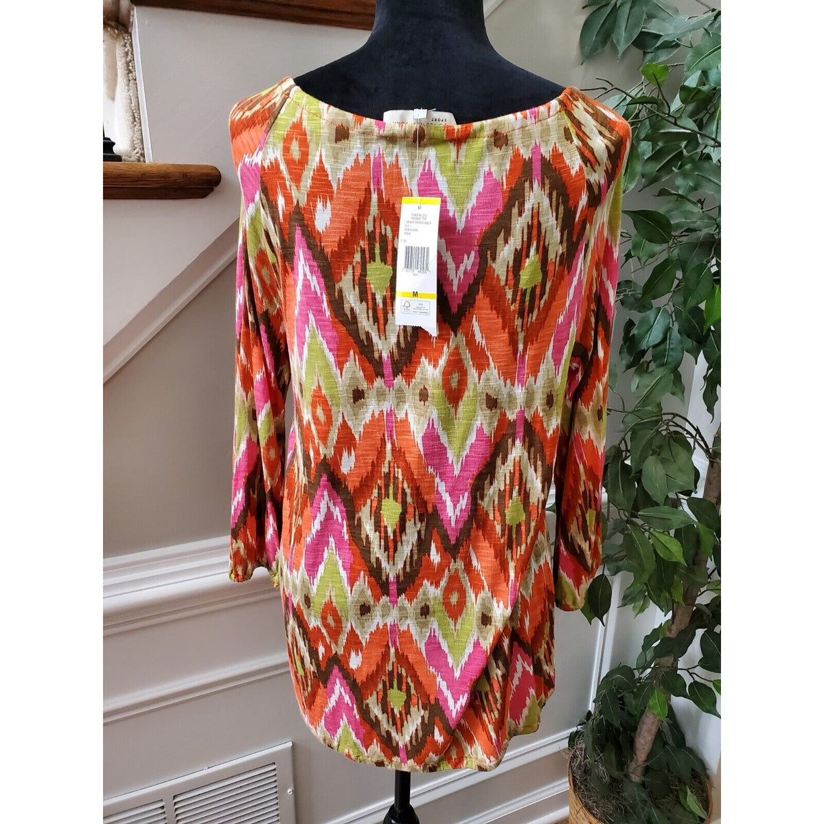 Jones New York Women Multicolor Viscose Scoop Neck Long Sleeve Top Blouse Size M