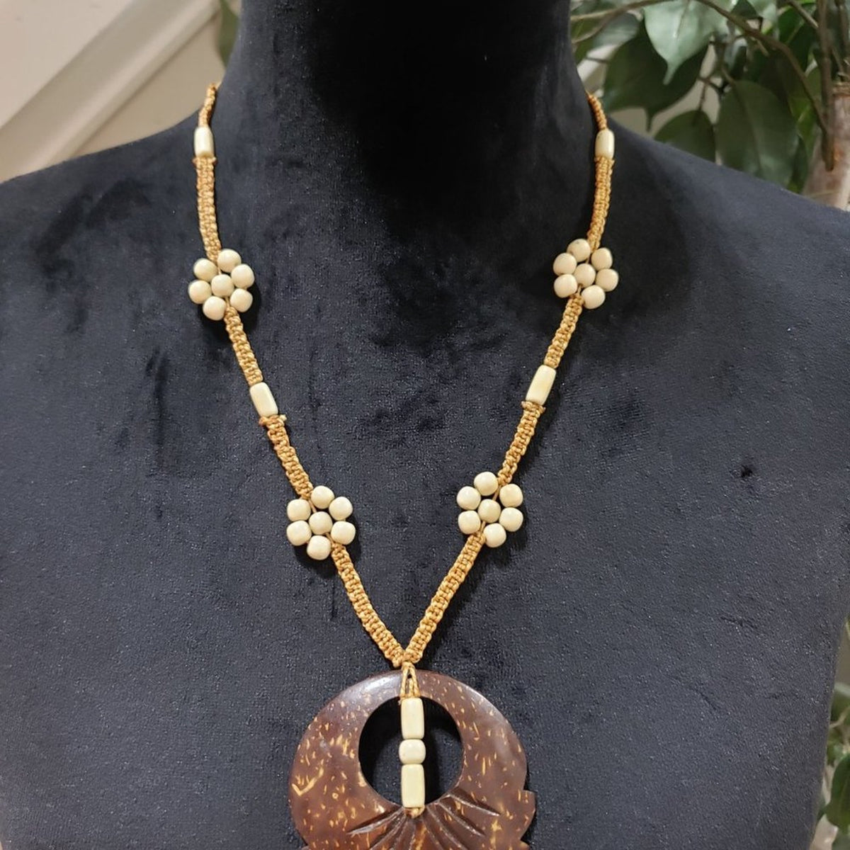 Womens Cream Color Beads Teardrop Brown Pendant Necklace