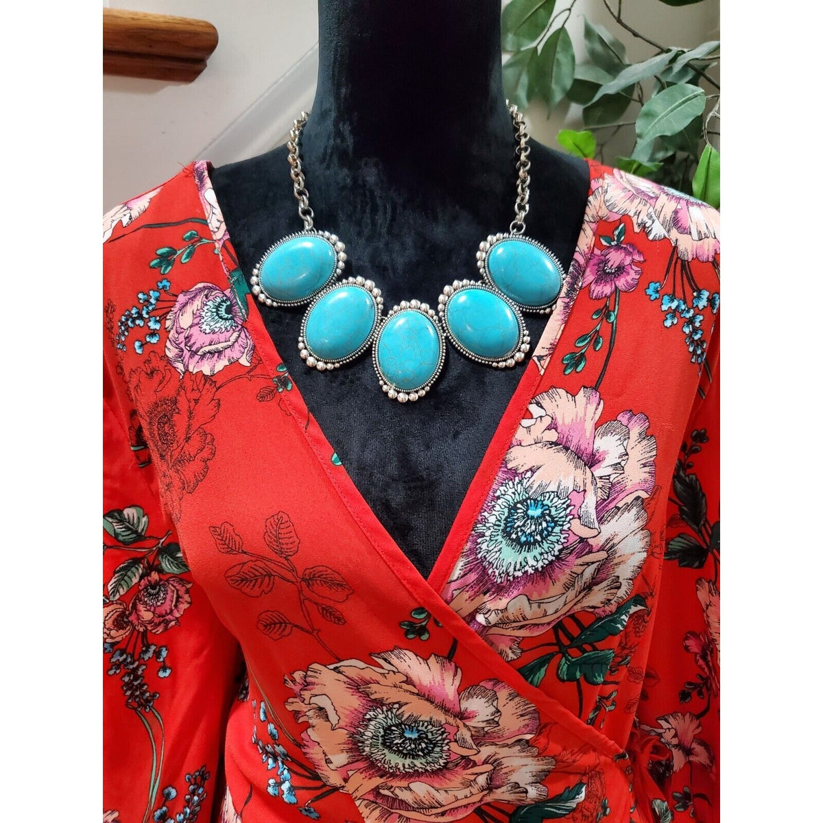Haute Project Women Red Floral 100% Polyester V-Neck Long Sleeve Top Blouse XL