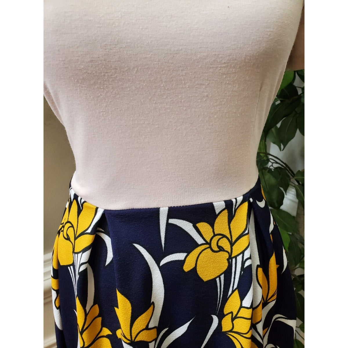 Vintage Oxiuly Blue Yellow Puffy Swing Knee Length Dress W/ Pockets Size M