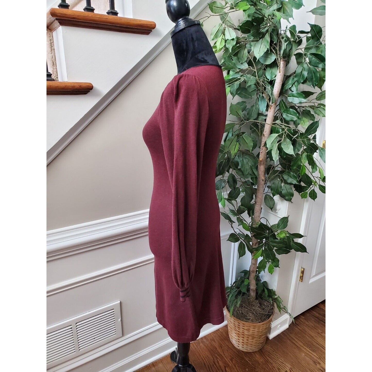 Max Studio Sweater Maroon Cotton Scoop Neck Long Sleeve Knee Length Dress XS