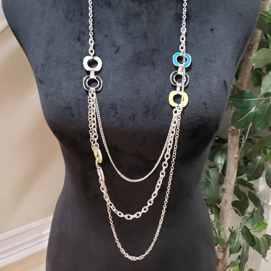 Women's Silver Tone Chain Multi-Strand Layered Necklace with Black Enamel Links