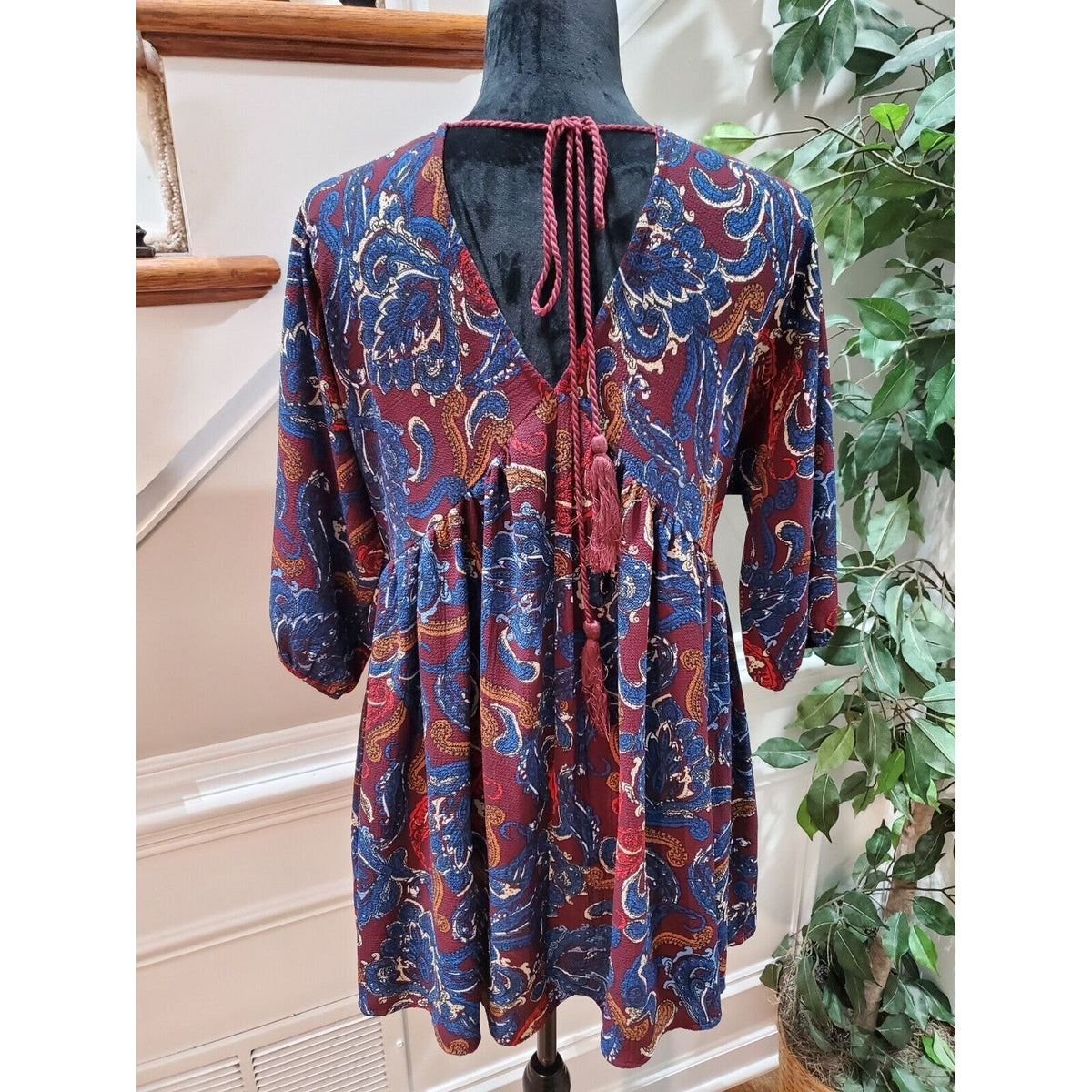 Umgee Boho Paisley Cotton V-Neck Half Sleeve Festival Dress Size Small