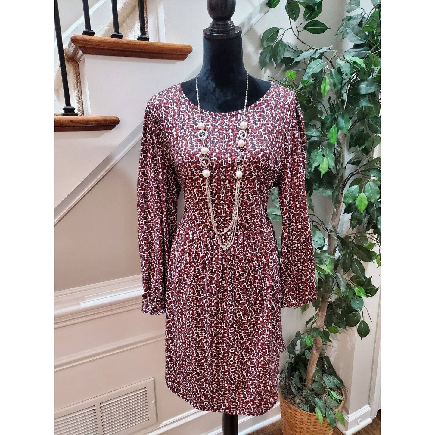 Reoria Women's Brown Polyester Round Neck Long Sleeves Knee Length Dress Size XL