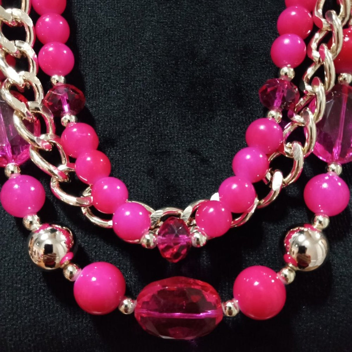 Womens Fashion Triple Strand Pink Rhinestone Beaded Collar Necklace with Lobster