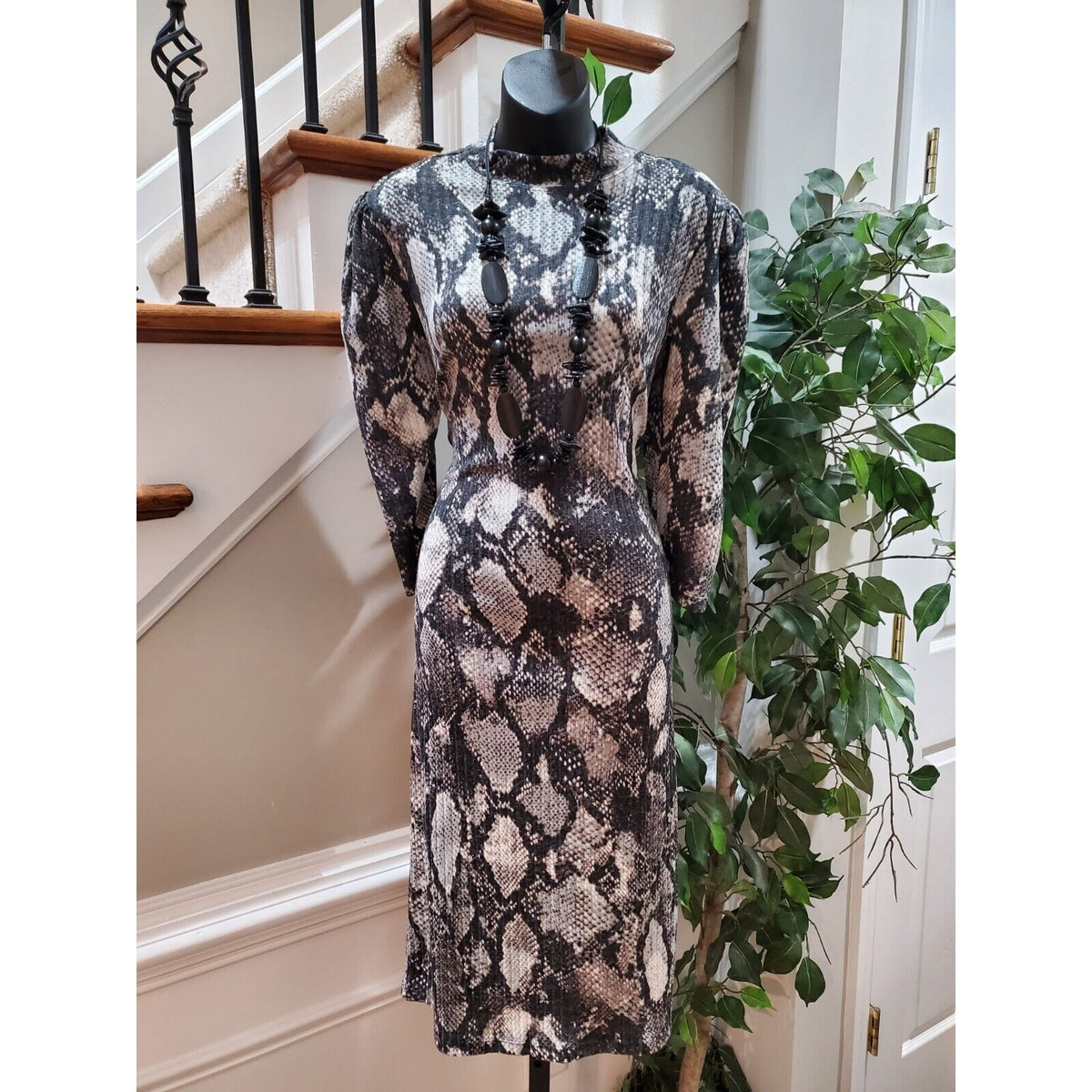 Emma & Michele Women Black Polyester Mock Neck Long Sleeve Knee Length Dress 10