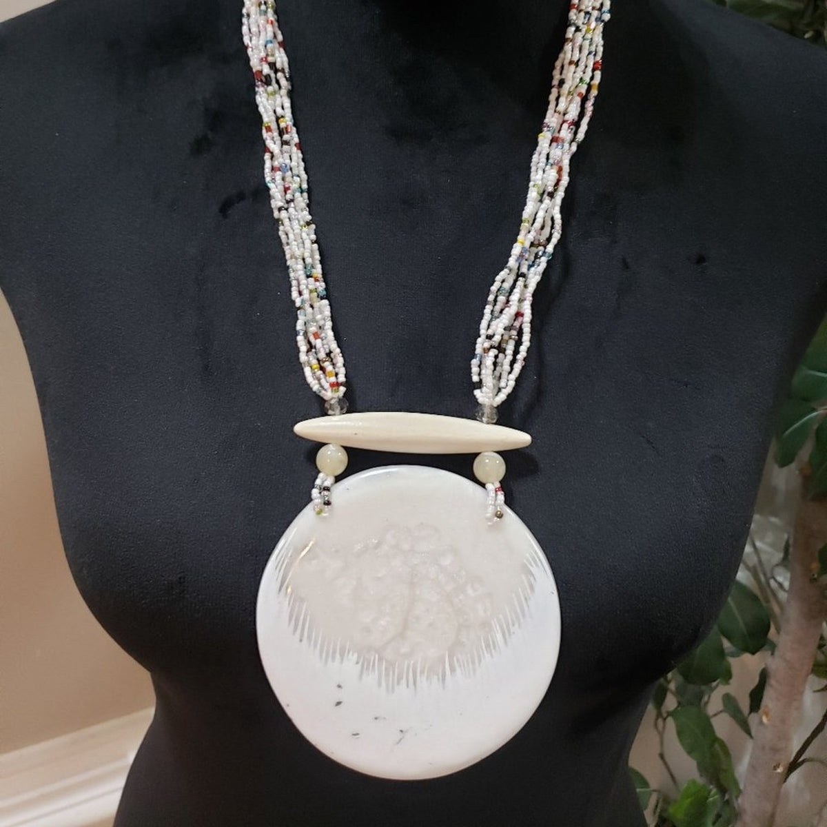 Womens Faux MOP Gong Asian Art Glass Enamel Multistrand Bead Pendant Necklace