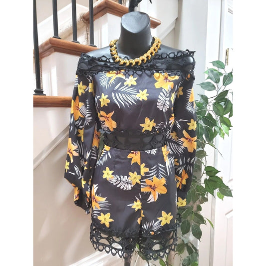 ChicMe Womens Black Floral Off the Shoulder Casual 1 Piece Romper Size Small