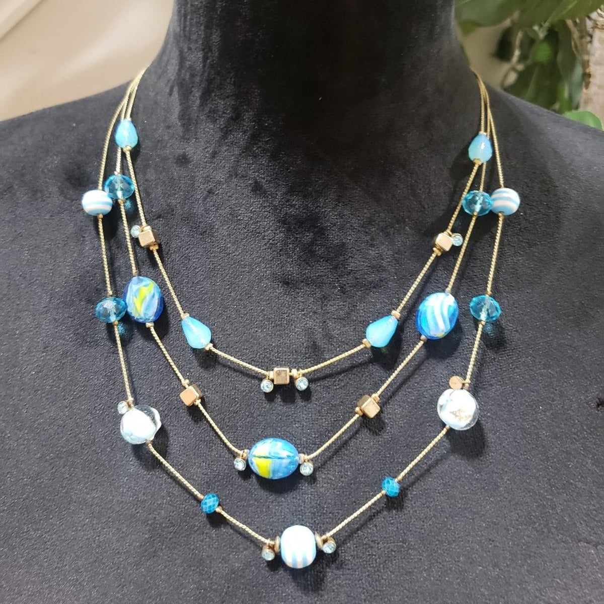 Womens Fashion Three Strands Charm Necklace Turquoise Gemstone w/ Lobster Clasp